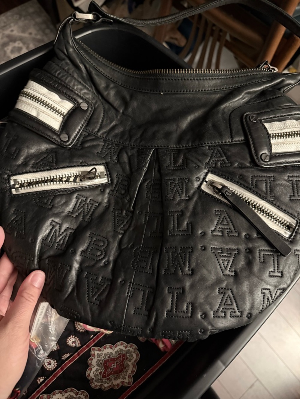 L.A.M.B. Black Quilted Leather Hobo Bag with Silver Zippers